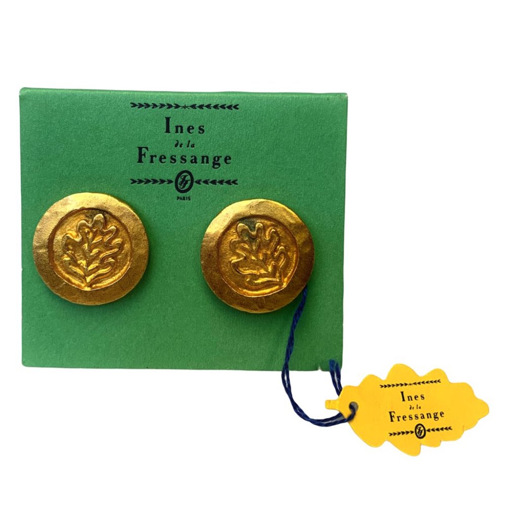 Ines de la Fressange Gold Embossed Leaf Round Earrings